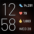 Screenshot of the default Versa 2 clock face, which shows the time, date, daily steps, heart rate, and calories burned